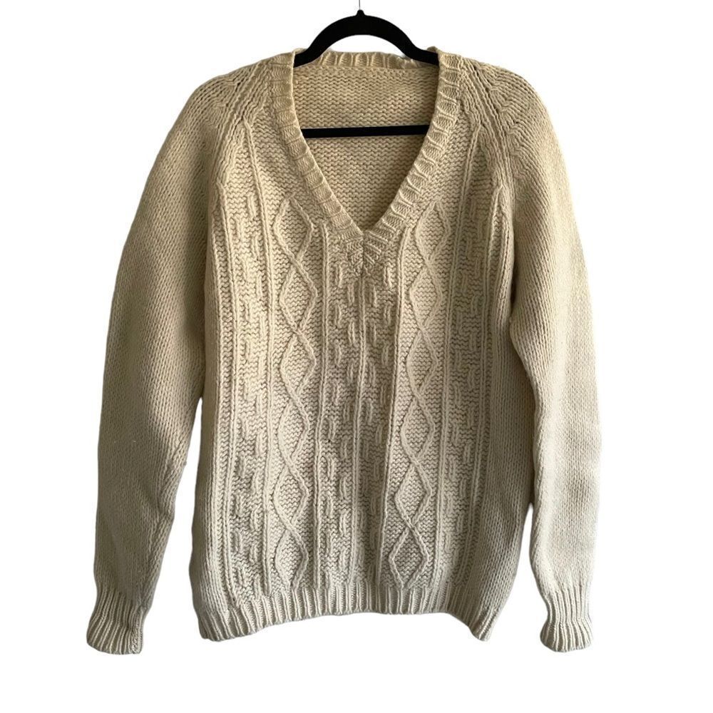Hand Knit Wool V-Neck Long Sleeve Sweater Cream XL